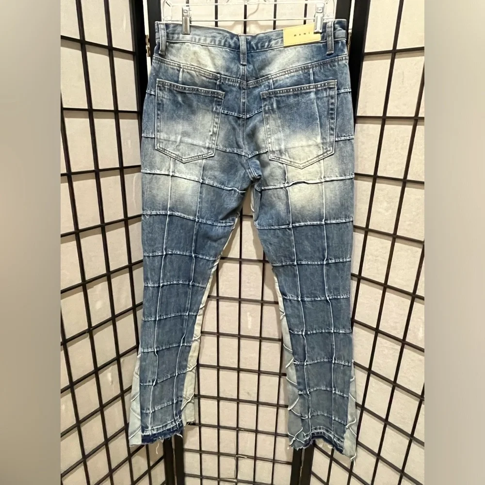 MNML TOKYO FRAYED HEM WINDOW PANE STACKED BUTTON FLY 5 POCKET JEANS SIZE 31X34